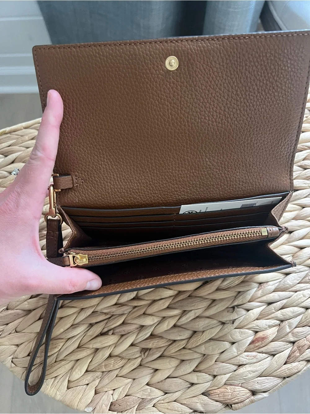 Tory Burch Tan Brown Pebbled Leather Wristlet with Gold Logo